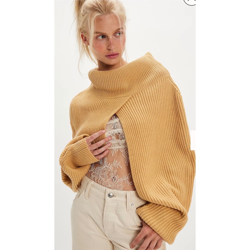 Free People Mustard Yellow Ribbed Turtleneck Shrug Crossover Open Front Sweater